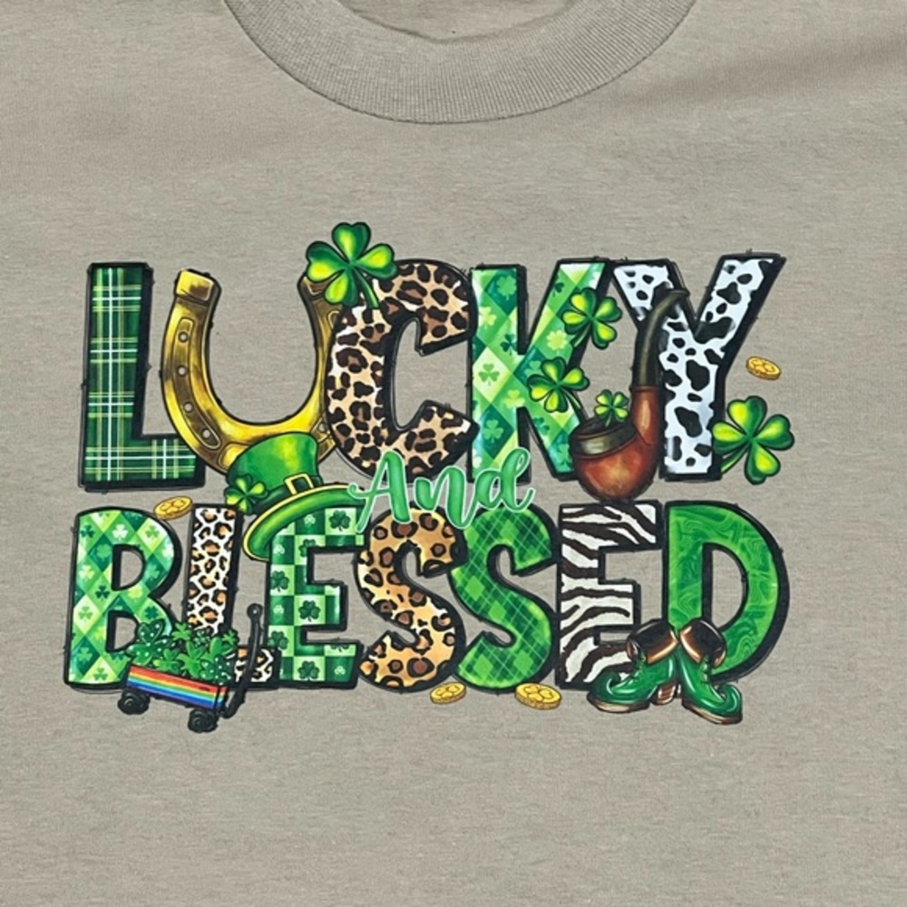 St Patrick’s Day Lucky and Blessed Adult small Shirt - Green and tan